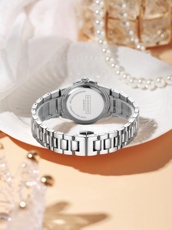 Image of Giordano Luxury Analog Quartz Watch for Women with Square Textured Dial, Crystal Indices, Date Display Function and Stainless Steel Strap - GZ-60116