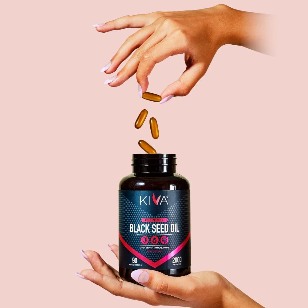 Kiva Black Seed Oil Softgel Capsules | 2000 mg per Serving | 1.5%+ High Thymoquinone (TQ) | 100% Pure Cold-Pressed Nigella Sativa | Raw | Vegan