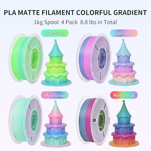 Image of RAMBERY 4 Colors Matte Rainbow PLA 3D Printer Filament Bundle Fast Color Change 3D Printing Filament 1.75mm + /- 0.02mm, 1kg(2.2lb) X4PCS, Matte Rainbow /Lollipop /Red Coral /Green-Blue