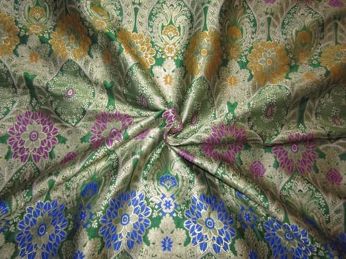 Tissu brocart jacquard soie épais vert doré violet bleu 111cm