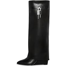ZJGZF Fold over Boots for Women Knee High Black Boots Pointed Toe Wedge Heel Wide Calf Faux Leather Shark Boot with Padlock