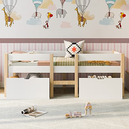 Cabane Enfants 90x190 Lit Superposé Double avec Tiroir et Protection Anti-Chute en Bois de Pin Massif - Blanc et Chêne