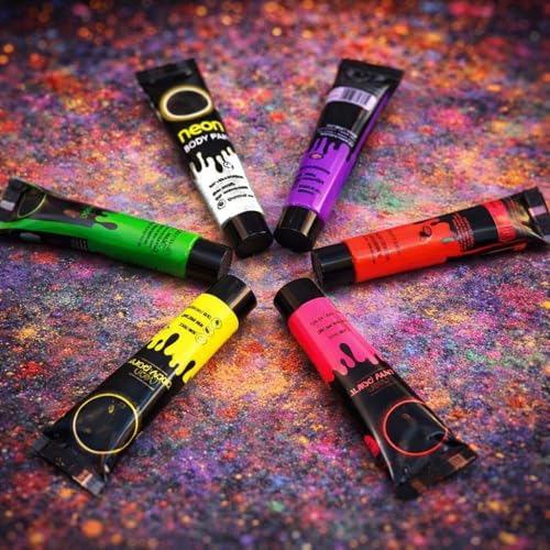 Image of CraftVatika Neon Body Paint for Holi Color Festival | Certified Non-Toxic & Skin-Friendly Face Paint | UV Glow Neon Colours | 6 Assorted Tubes (300g Total)