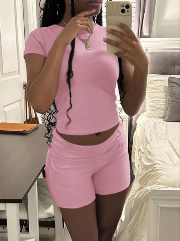 AYWA Women's Two Piece Sets Summer Slim Fitted Short Sleeve Tops Foldover Shorts Matching Lounge Sets - Image 2