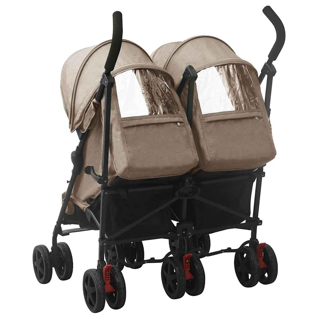 vidaXL Carrito para Gemelos Cochecito Sillita Gemelar Silla de Paseo Canasta Niños Reposapiés Ajustable Dosel Plegable de Acero Gris Taupe