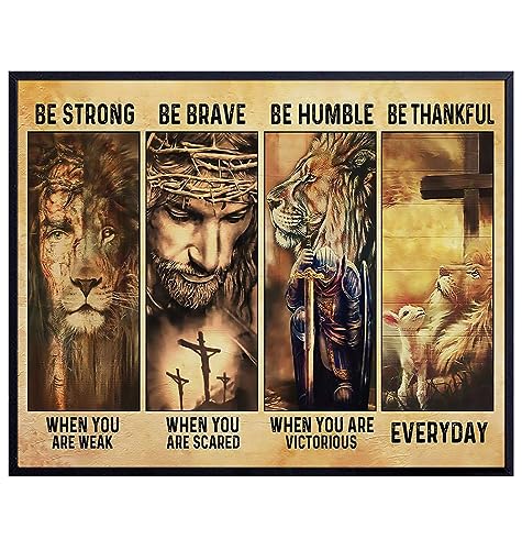 Religious Christian Wall Art - Be Strong Be Brave Motivational poster - God Wall Art & Decor - positive Inspirational quote Jesus Christ Decor Poster - Christianity Faith Decoration - Lion Cross