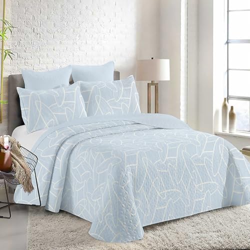 MERCURY TEXTIL- Colcha Bouti Estampada Hojas y Flores, para Verano y Entretiempo 100% Poliéster. Cubre Cama Fina, Ligera y Suave. (Rayas Azul, Cama 90)
