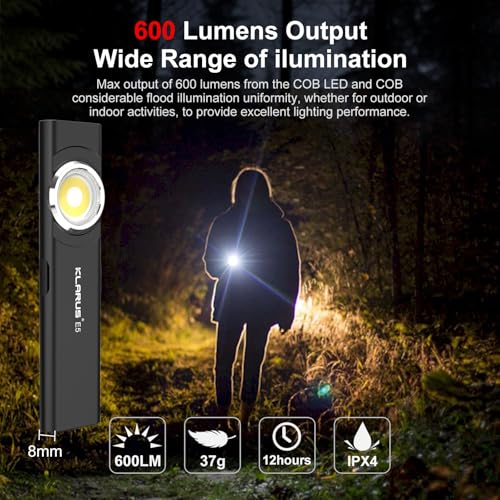 Image of klarus E5 Pocket Flashlight, Rechargeable EDC Flashlight, Super Slim 4.2x1x0.3inch, 600 Lumens, USB-C Port, IPX4, Dual Light Source with Magnetic Base, Hat & Clothes Clip - Black