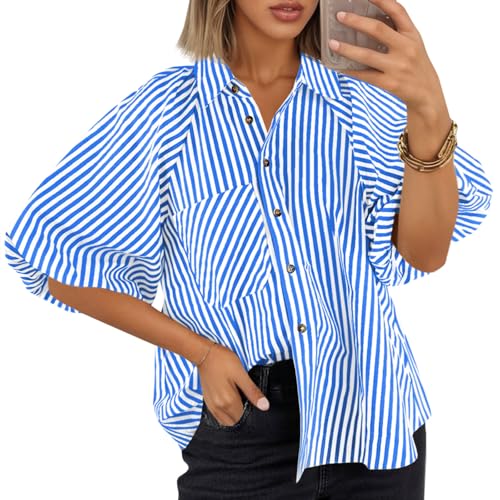 Image of Tankaneo Womens Short Puff Sleeve Button Down Shirts Striped Trendy Casual Loose Fit Blouse V Neck Collared Tops