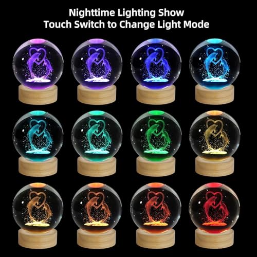 Image of STARKENDY 3D Dolphine Crystal Ball LED Night Lamp, Creative Engraved Night Light Wooden Base, Warm White Decorative Table Lamp for Home, Office, Bedroom, Birthday Gift ((Multicolour) with Remote)