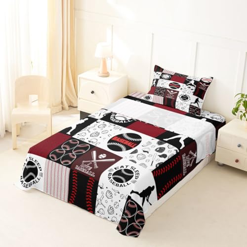 Image of Castle Fairy Baseball Bed Sheet Set Twin Size,Sports Geometric Grid Red Sheet Set Kids Teens,Patchwork Baseball Bedding Decor Set with 1 Flat & 1 Fitted Sheet with 1 Pillow Sham