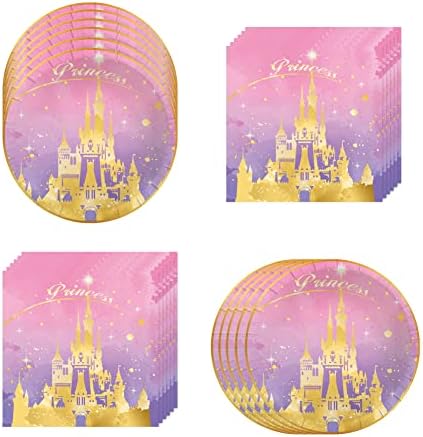 40 Piece Pink Princess Castle Party Supplies ,include 20 Plates, 20 Napkin ,Used for Pink Princess Castle Child Birthday Party Decoration (Pink Golden Castle)
