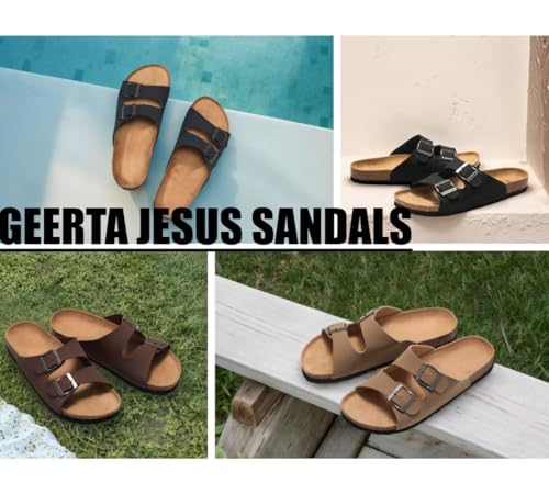 Geerta Double Buckled Jesus Sandals Men Wide Cork Footbed Water Slides Slip On Beach Flats Lightweight Breathable House Slippers Comfort Wear Shoes Summer Pool Party Cruise Vacation2