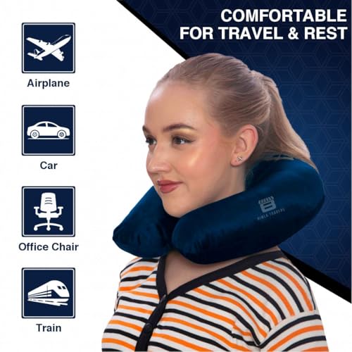 Image of CRAE Soft Fibre Filled Neck Pillow for Car, Train, Flight Travel, Neck Support Rest Pillow with Attachable Snap Strap | Pack of 1 | Blue