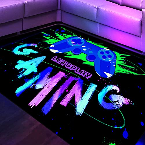 Etskom Blacklight Gaming Area Rug,Neon Gaming Area Rug,3D Gaming Rug,Uv Reactive Area Rug,Playroom Large Non-Slip Area Rug,Gamer Rugs For Bedroom Boys,70In×47In×0.39In #TOP6