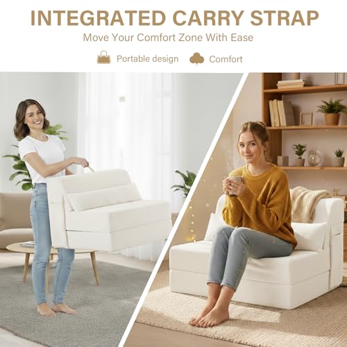 Image of Tiita Convertible Folding Sofa Bed Single Size for Adults with Pillow, Plush Fabric Floor Mattress Couch Bed, Washable Cover & Side Pocket, Guest Room, Dorm, Apartment, Living Room, Beige