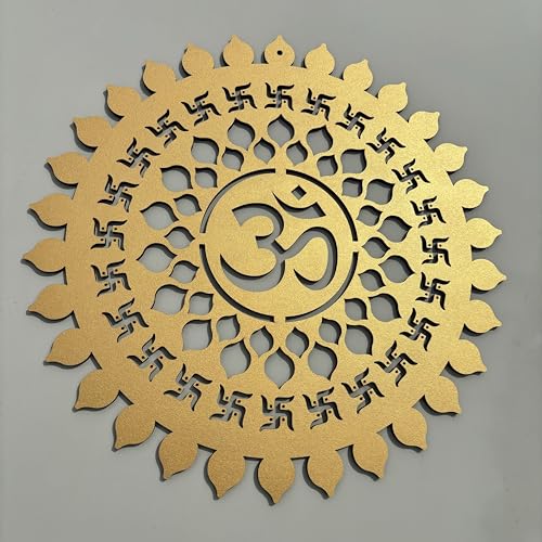 Image of BAPUBEBE Om Round Wall Art Mdf Wooden Frame Om Chakra For Mandir Temple, Living Room, Office, Hotel, Gift Item, Mandala Wall Hanging For House Home Decoration Items Size 12 * 12inch (GOLDEN)