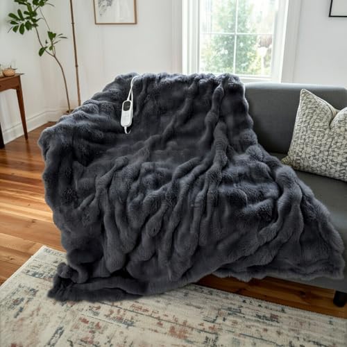 Image of IUUI Electric Heated Blanket Throw 50''x60'',Luxury Faux Rabbit Fur Heating Throw Blankets,Fast Heating with 1 /2 /4 /6 /8 /10 Hours,Overheat Protection, Quick Heating, Memory Function, Gifts for Women