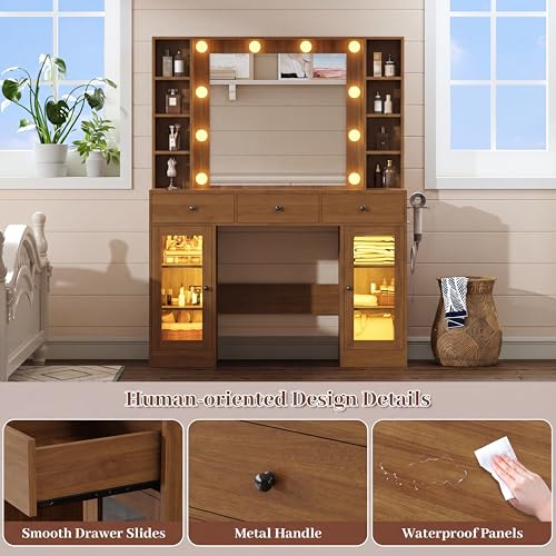 Image of Wodeer Makeup Vanity Desk with Mirror and Lights, Vanity with Glass Top, LED Lights & Power Outlet, 3 Drawers & 2 RGB Glass Cabinets, Adjustable Lighted Dressing Table for Women & Girls Bedroom,Walnut