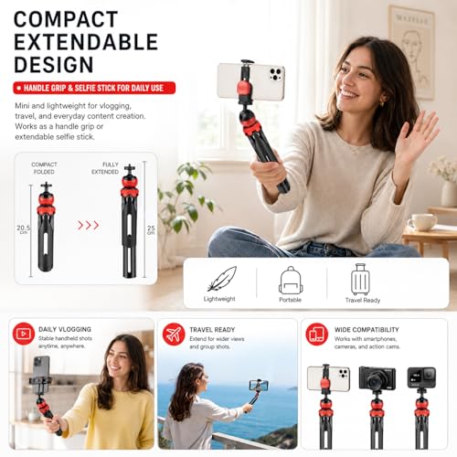 Image of Sounce Portable Flexible Mini Tripod with Mobile Holder & 360 Ball Head | Compatible with Smartphones, Compact Cameras & GoPro | Lightweight & Travel Friendly | Black