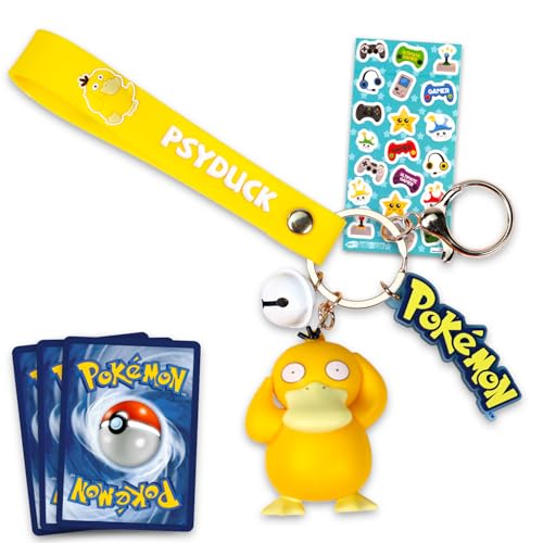 Psyduck Keychain Bundle ~ Deluxe Silicone 3D Character Figure Pokemon Keyring with Strap Charm and Bell Plus Common Cards More | Pokemon Psyduck Key Ring for Backpack