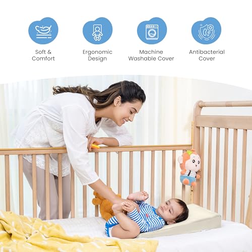 Image of Cherilo Standard Elevated Wedge Pillow for Baby Crib & Mattress, Helps to Elevate Baby for Acid Reflux, Colic, GERD, Heat Burn & Vomiting | 14 inch x 19 inch x 3.5 inch | - with Removable Velvet Cover - Cream
