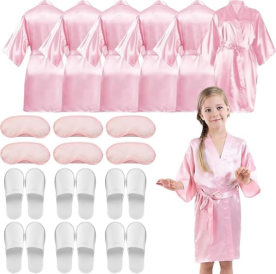 LYCN Albornoz de 6 piezas para niñas, bata de baño de satén de seda con antifaz de seda y zapatillas para fiesta de cumpleaños