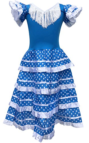 La Senorita Vestido Flamenco Español Traje de Flamenca Chica/niños Azul Blanco (Talla...