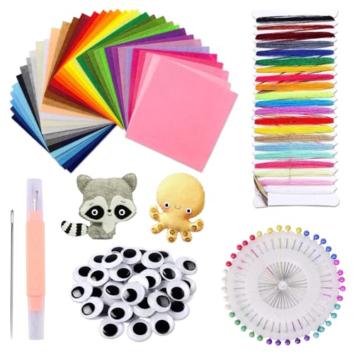 🔹 40 Colori e Qualità Garantita: Riceverai 40 fogli di feltro in colori assortiti, 20 adesivi per occhi, 40 spilli, 1 infilatore di aghi, 1 scheda di filo con 21 colori e 1 ago da ricamo. Il nostro feltro in poliestere è morbido ma resistente, ideale per ogni progetto creativo.