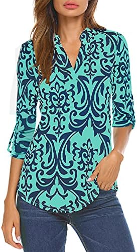 Halife Women's Floral Print Long Sleeve Tops V-Neck Loose Shirts Tunic Blouses Green L