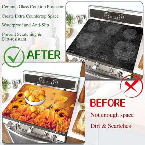 Image of Fall Stove Top Cover for Electric Stove 28 inchx 20 inch, Pumpkin Leaves Heat Resistant Glass Top Stove Cover Protector, Glass Cooktop Covers, Kitchen Flat Electric Stove Top Covers