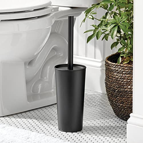 Image of mDesign Metal Freestanding Slim Toilet Bowl Brush and Holder + Rectangle Narrow 5 Liter / 1.3 Gallon Step Pedal Trash Can Wastebasket for Bathroom - Small, Compact Design - Set of 2 - Black