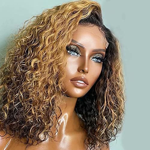 Miniatura 2 de Peluca de cabello humano con reflejos, sin pegamento, cabello Remy brasileño rizado 1b27, marrón miel rubio, 13x6, HD, transparente, encaje frontal,
