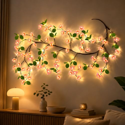 Image of One94Store DIY Cherry Blossom with Leaves LED Vine Wall Light | 72 Warm White LEDs | USB Powered Flexible Floral Branch | Fairy String Lights for Bedroom, Living Room, Home, Wedding & Festival Decor