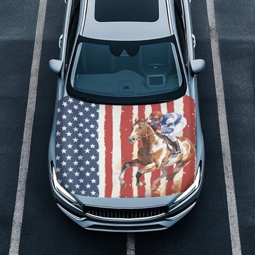 Image of Car Hood Cover, Protector Horse and American Flag Print Stretchable Auto Hood Wraps Automotive Exterior Accessories for Compact Sedan SUV Truck