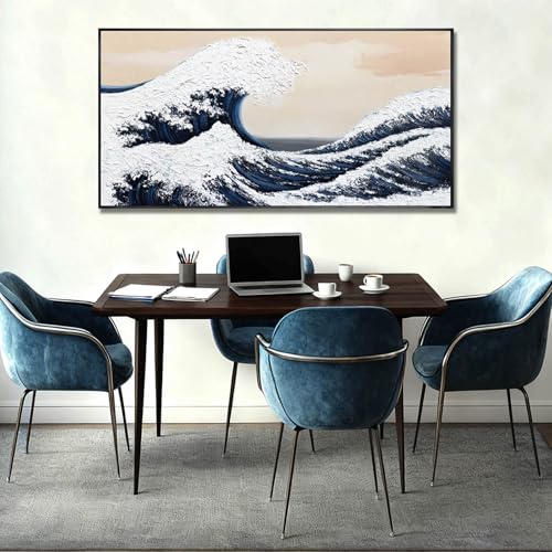 Image of VAYIMDH Blue Waves White Textured Wall Art Large Ocean Beach Wall Decor Pictures Vintage Poster Abstract Giant Waves Canvas Prints for Minimalist Living Room 24 inchx48 inch