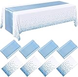 JinweiS Juego de 8 manteles desechables de plástico y camino de mesa de satén para bodas, cumpleaños, baby shower, aniversario, Navidad, Año Nuevo, decoración de fiesta (blanco y azul)