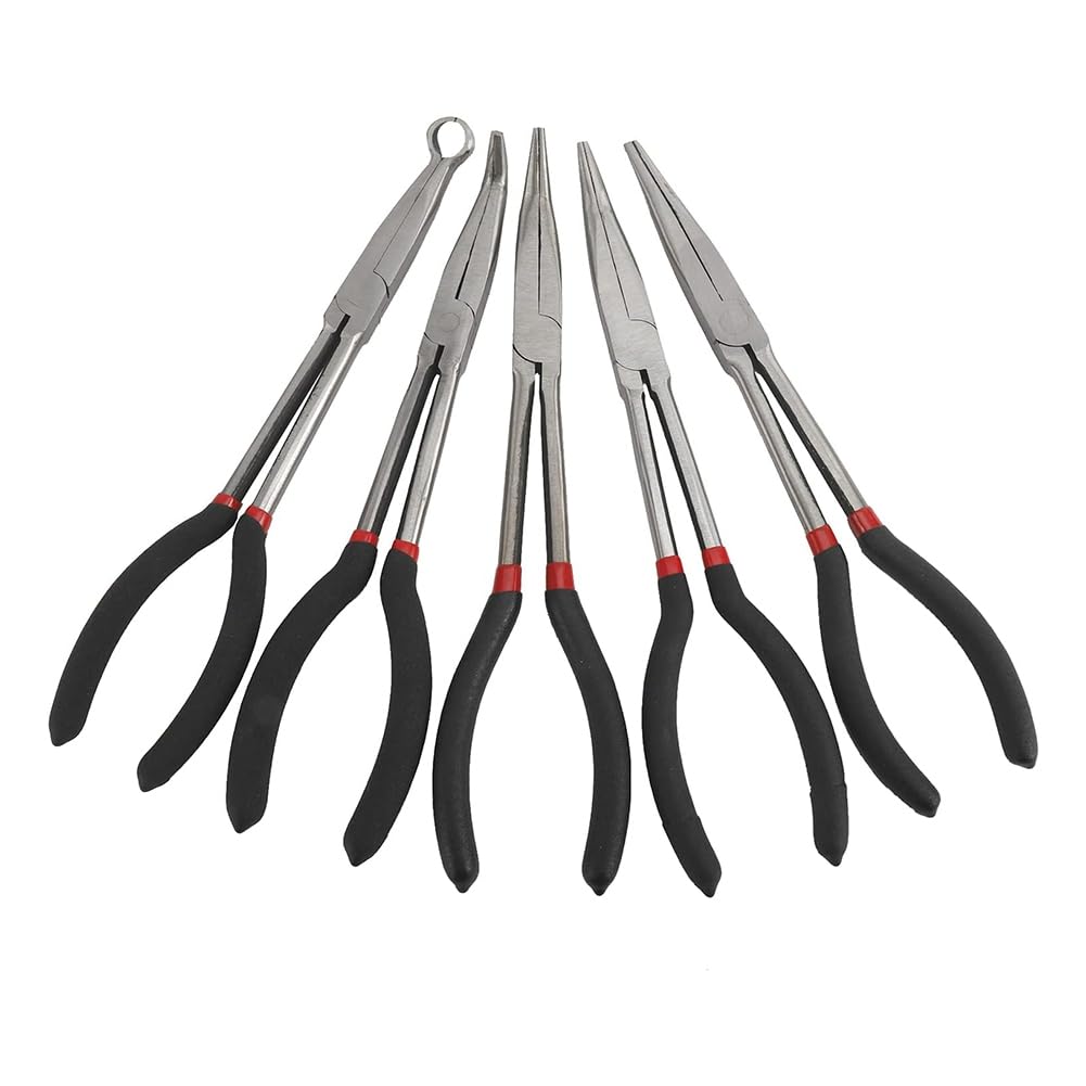 Lot de 5 Pinces à Bec Long et Effilé, Angle de 25/45/90 Degrés, Droites, Courbées, Pinces en Forme de O, Pinces à Bec Long