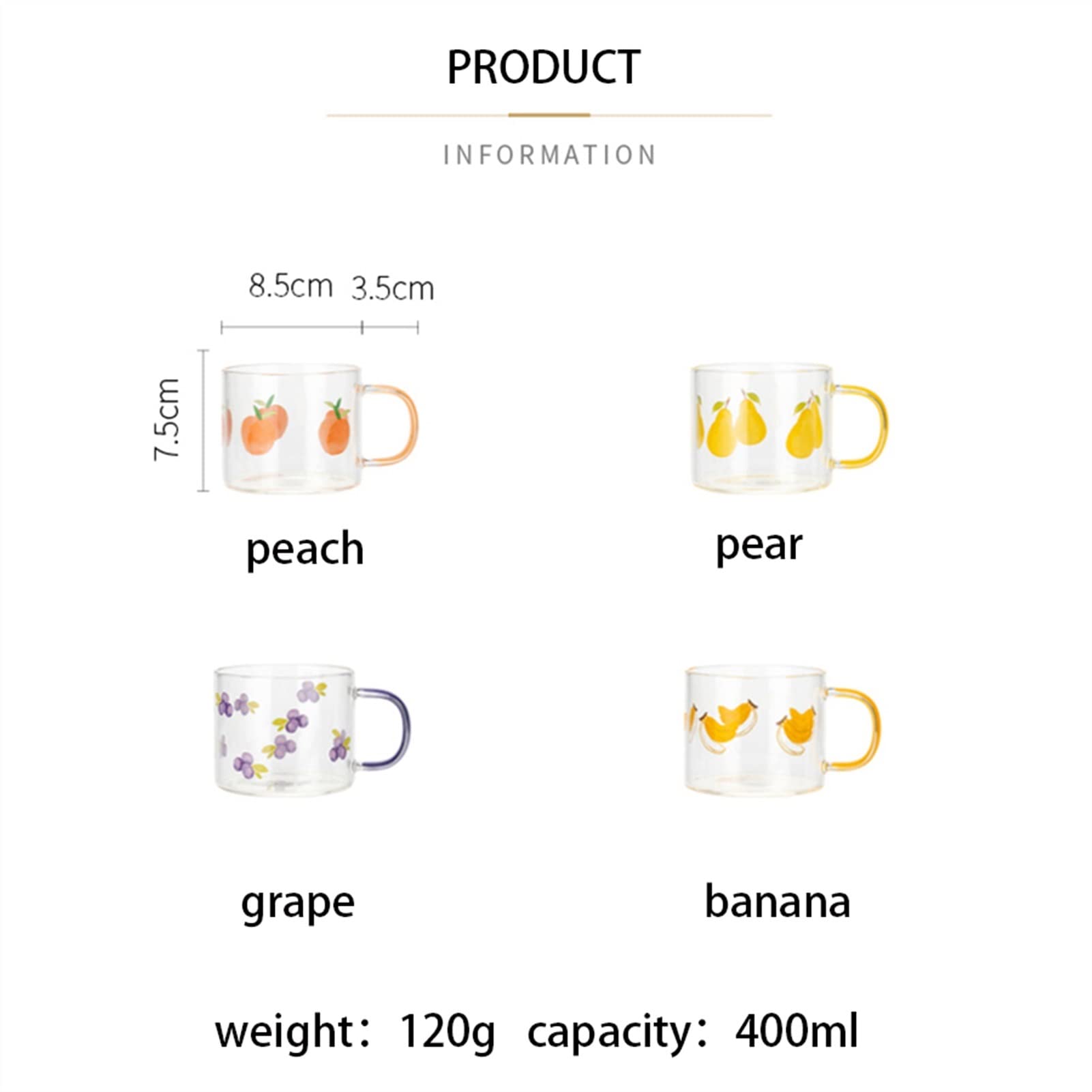 Becher 400 ml Fruchtmuster Glasbecher mit Griff Transparent Frühstück Milch Hafer Tasse Büro Zuhause Paar Wasserbecher Küche Trinkgeschirr Kaffeetasse (Farbe: Traube)