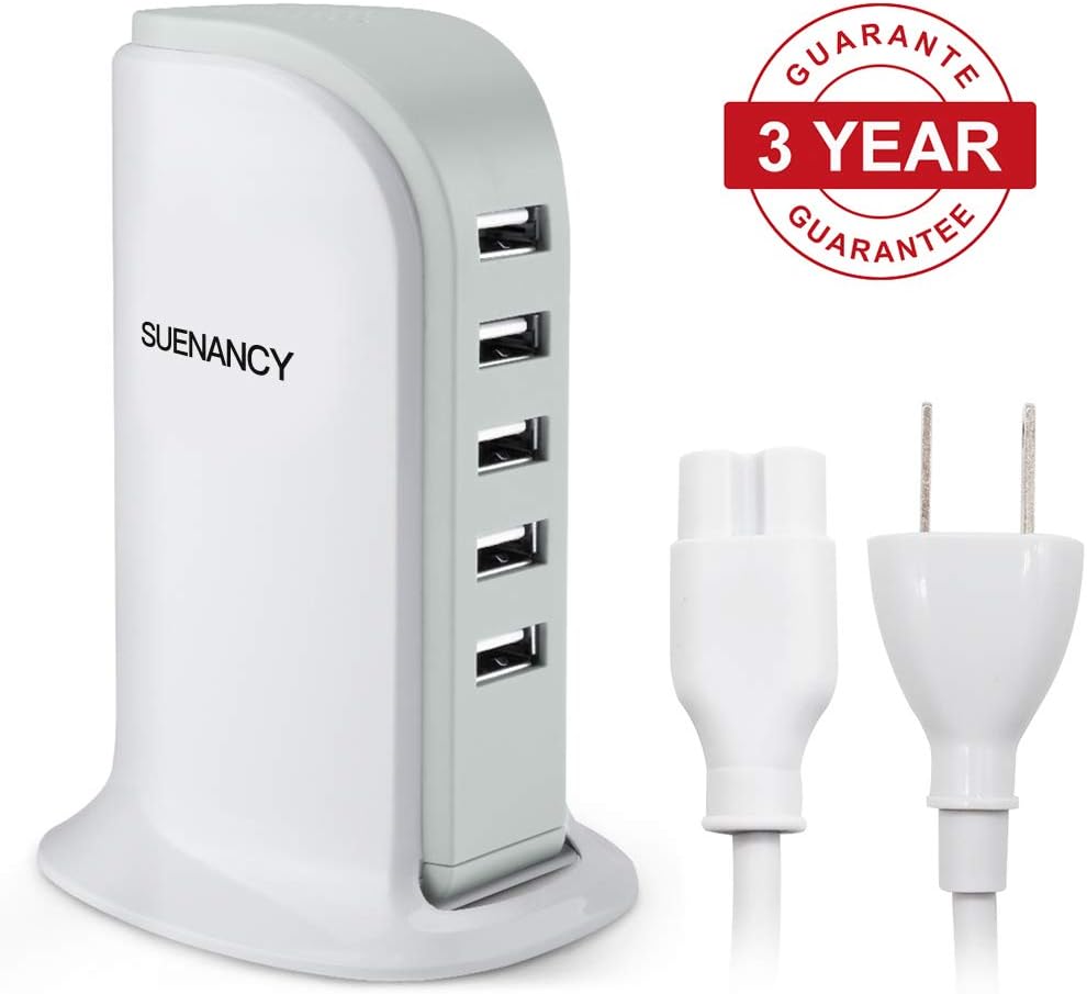 SUENANCY USB Power Adapter, 30W Multi 5-Port Desktop USB Charging Station with 5Ft Long Cord Wall Plug, 6A USB Hub Socket Quick Charger Block for iPhone, iPad, Android, and More(White)