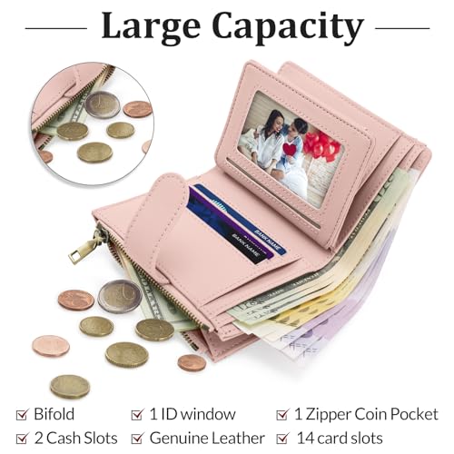 Personalized Wallets Women, RFID Blocking Bifold Zipper Pocket Wallet,Custom Birth Flower&Name Ladies Wallet, Small Leather Purse with ID Window, Customized Presents for Women(Pink)2
