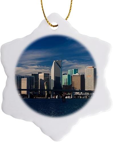 3 inch Snowflake Porcelain Ornament - USA, Florida, Miami, City Skyline from Watson Island, Morning. Florida