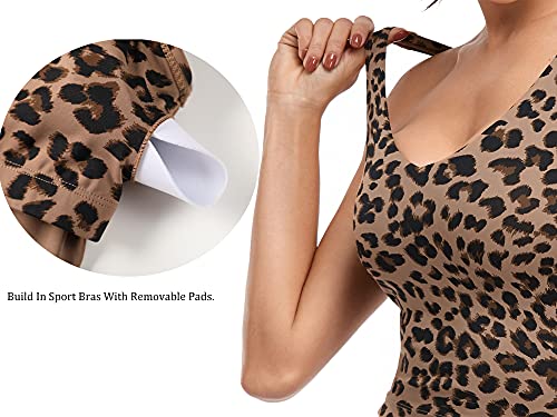 Oalka Sports Bra Womens Longline Padded Crop Tank Yoga Bras Workout Fitness Top Khaki Leopard L #TOP4