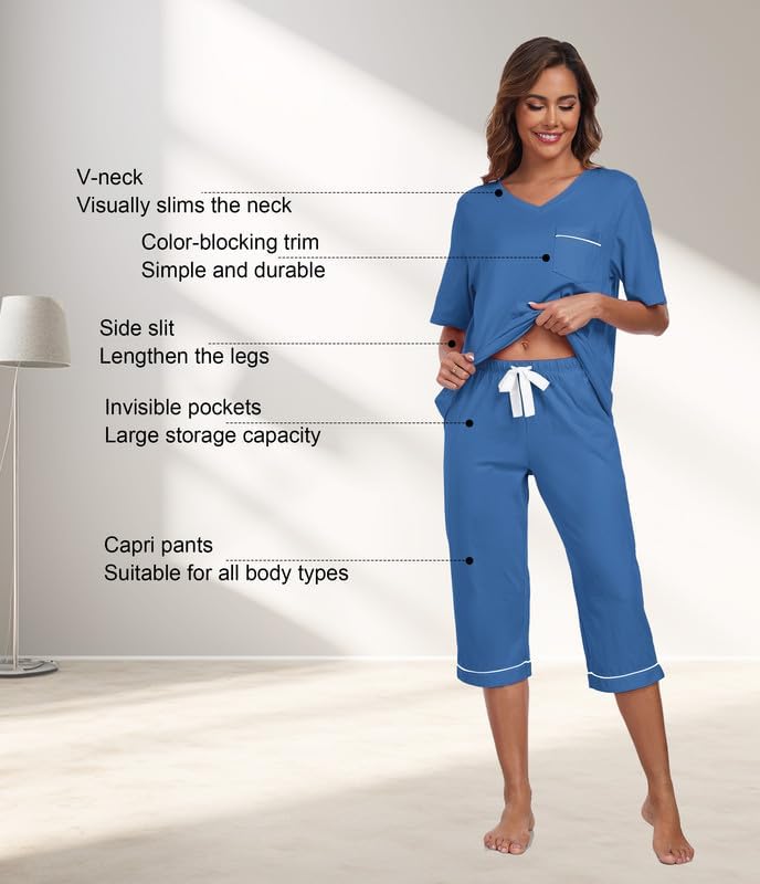 CF Women Pajama Sets 100% Cotton 2 Piece Lounge Sets Short Sleeve Shirt and Capri Pants with Pockets Ladies Pjs Sets - Image 3
