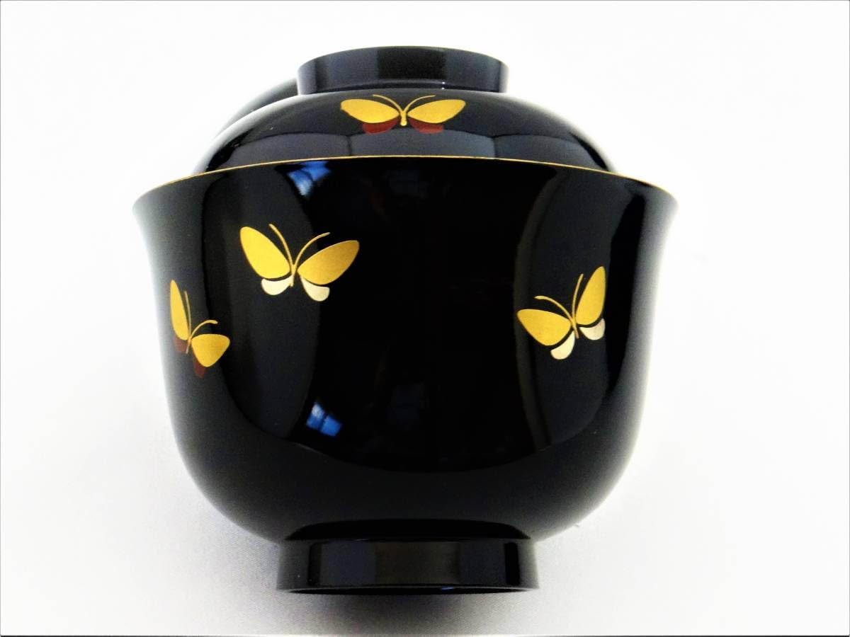 Amazon.co.jp: 黒漆塗 漆器 沈金蝶花 お好み椀 雑煮椀 汁椀 吸物椀