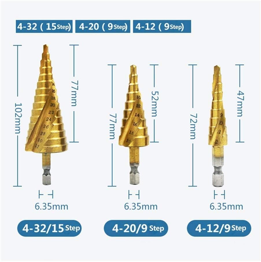 Wiertła do metalu, wiertło stopniowe z rowkiem spiralnym, wiertła stopniowe ze spiralnym rowkiem Hss 4-12/4-20/4-32 mm Narzędzia do cięcia stożkowego stopniowego Wiertło do metalu ze stali do obróbki