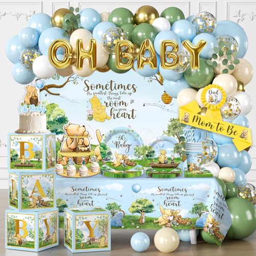 Classic Winnie Baby Shower Decorations Boy, Blue Vintage Bear Baby Boy Shower Decorations Balloons and Baby Boxes, Backdrop, Dinnerware Set, Cake Toppers with Stand, Mom to Be Sash, Baby Shower Decor