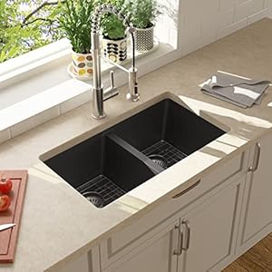 Lordear 33 Granite Composite Kitchen Sink 33x19 Inch White Undermount Sink Double Bowl 50/50 Granite Composite Under/Over Counter White Kitchen Sink Lordear 33 Granite Composite Kitchen Sink 33×19 Inch White Undermount Sink Double Bowl 5050 Granite Composite UnderOver Counter White Kitchen Sink