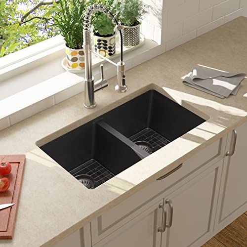 Lordear-33-Granite-Composite-Kitchen-Sink-33×19-Inch-White-Undermount-Sink-Double-Bowl-5050-Granite-Composite-UnderOver-Counter-White-Kitchen-Sink Lordear 33 Granite Composite Kitchen Sink 33×19 Inch White Undermount Sink Double Bowl 5050 Granite Composite UnderOver Counter White Kitchen Sink