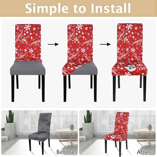 Image of SearchI Christmas Chair Covers Set of 6, Stretch Xmas Kitchen Chair Cover Removable Washable Holiday Parsons Chair Slipcovers for Dining Room, Christmas Decoration, Ceremony(Snowman+Snowflake)
